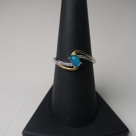 Blue Green Opal Ring in Sterling Silver & Gold Setting - Picture 2 of 4